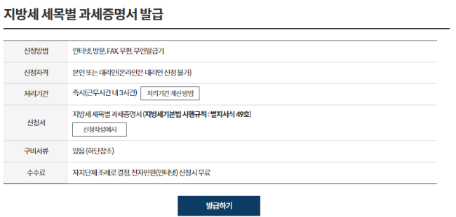 지방세 세목별 과세 (납세) 증명서 발급화면
